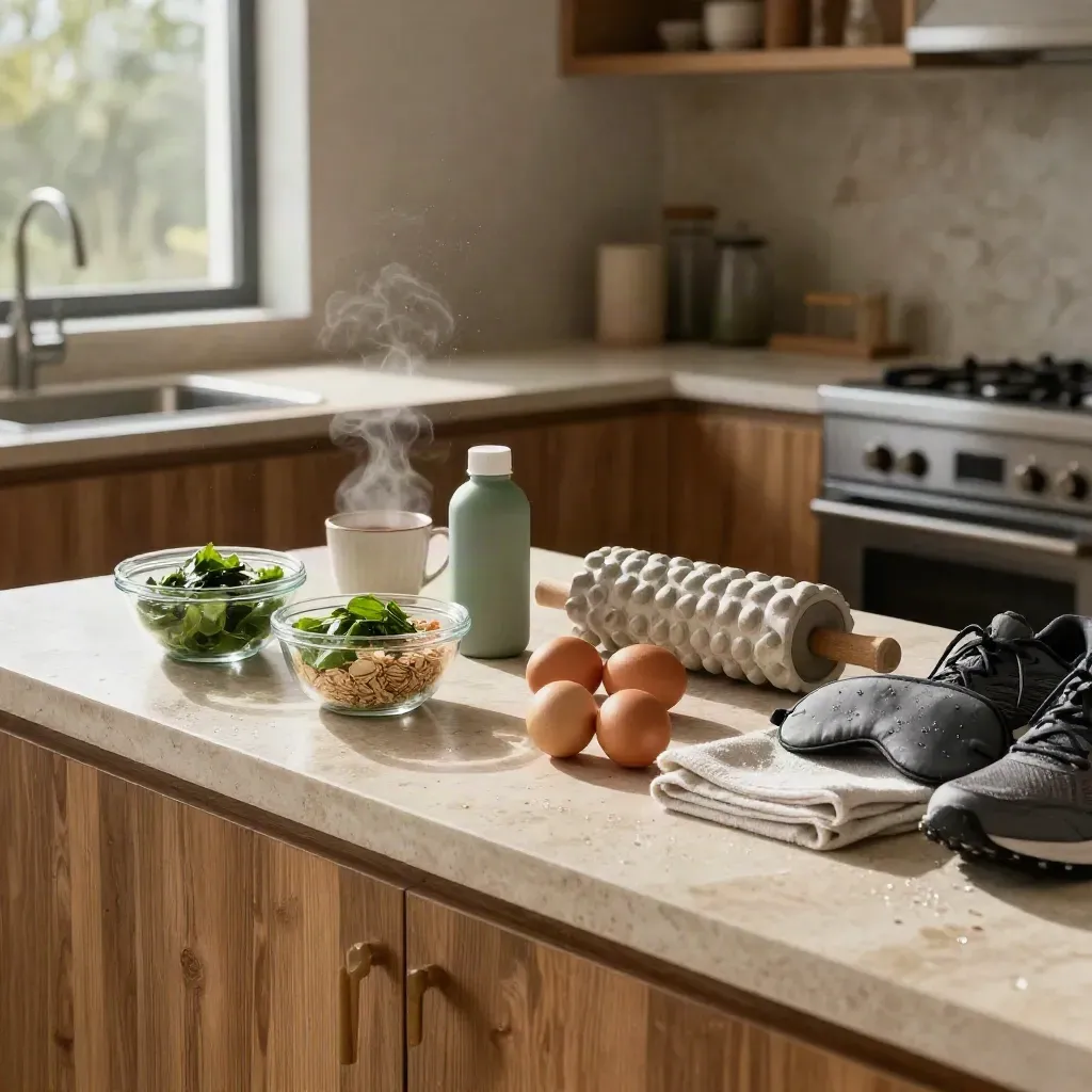Luxury recovery meal prep in a sunlit kitchen with gear, food, and morning steam.