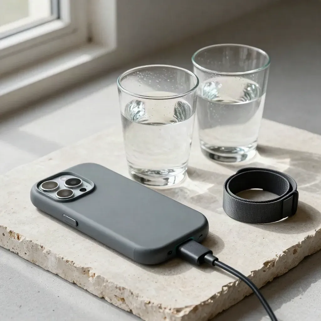 Wellness tracking flatlay with water glasses, smart ring case, charger puck, and training band.