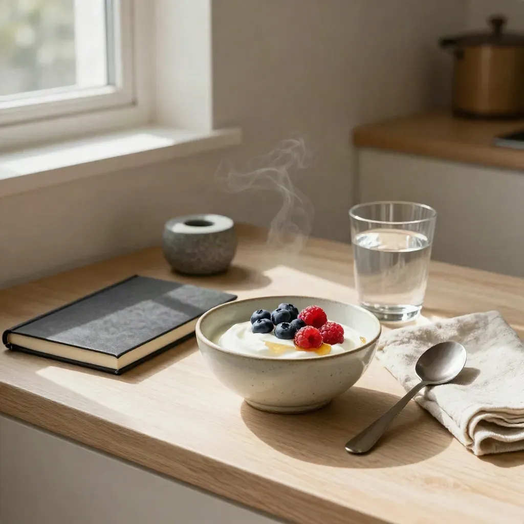Yogurt, berries, notebook, salt cellar and water on pale oak in a sunlit wellness kitchen corner.