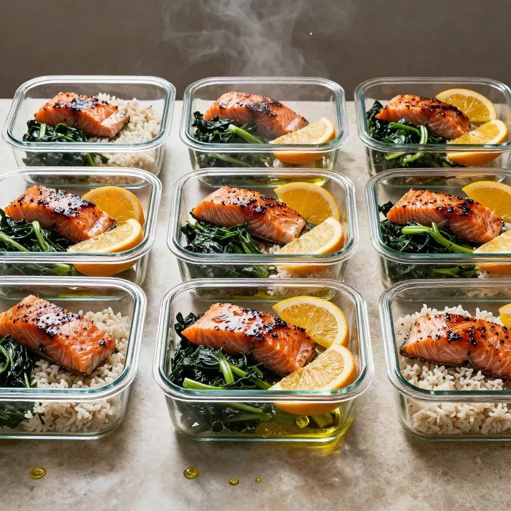 Overhead meal-prep containers with salmon, greens, rice, citrus wedges and olive oil on stone.