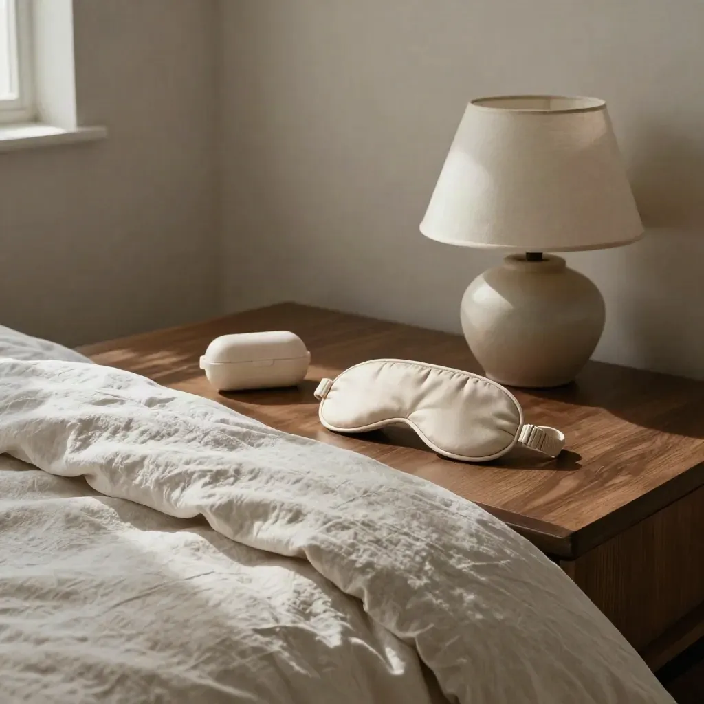 Bedside sleep reset scene with linen duvet, sleep mask, earplug case and ceramic lamp.