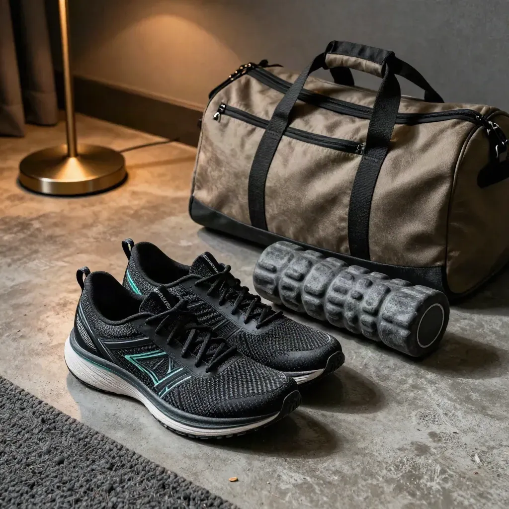 Fitness kit with running shoes, resistance band, foam roller and duffel on concrete in a hotel room