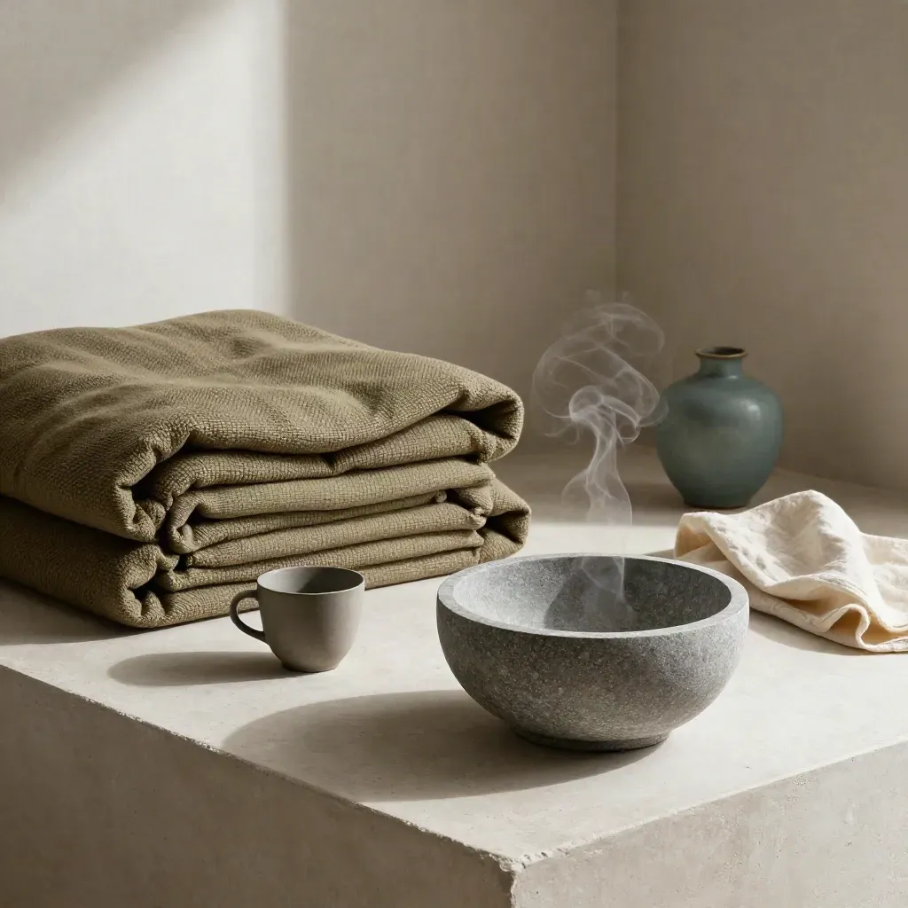 Weighted blanket, steaming tea cup and stone bowl in a moody breathwork corner on plaster shelf.