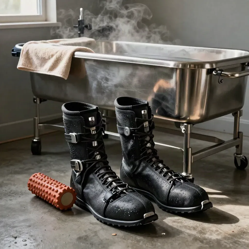 Compression boots and a stainless recovery tub steaming on concrete in a cozy recovery room.