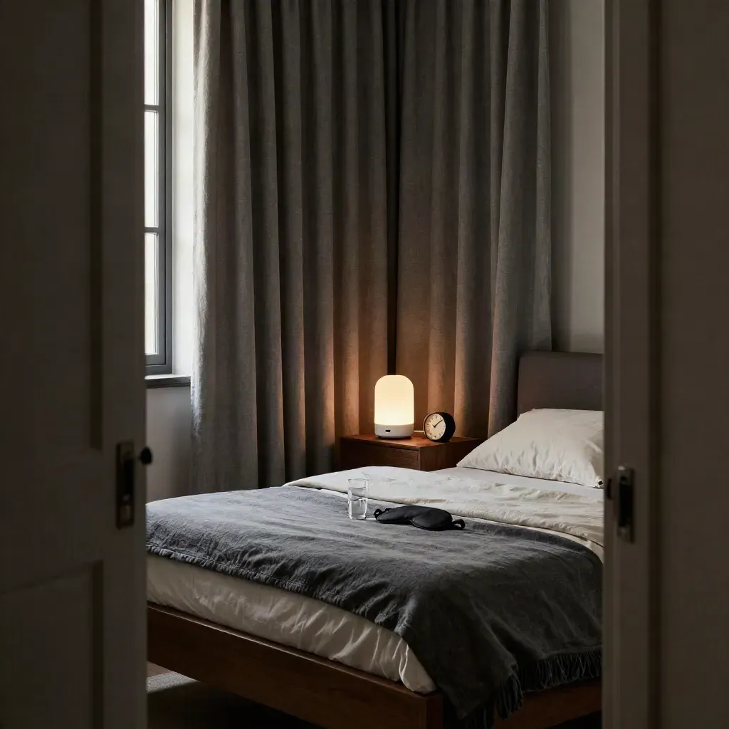 Blackout bedroom with weighted blanket, white noise machine, turned clock, and closed curtains.