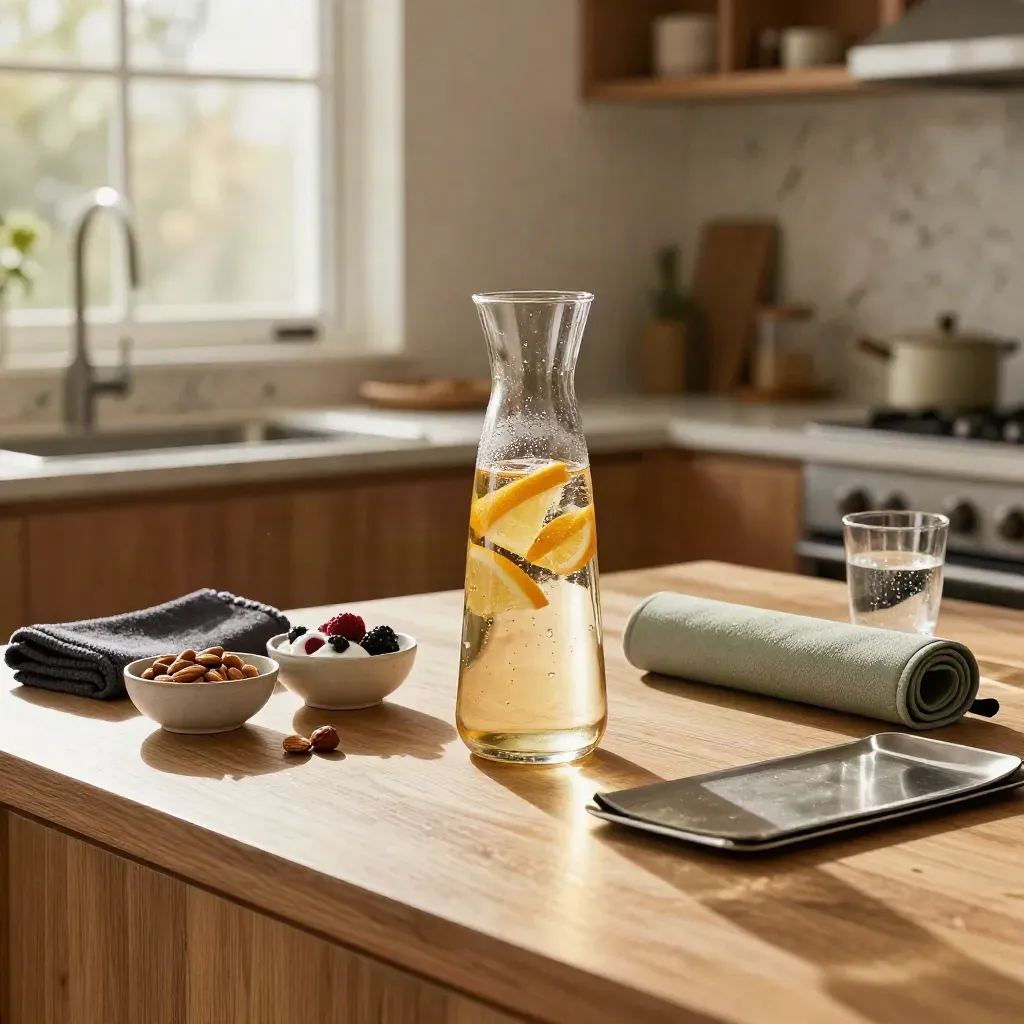 Sunlit kitchen island energy station with carafe, snack bowls, towel and mat