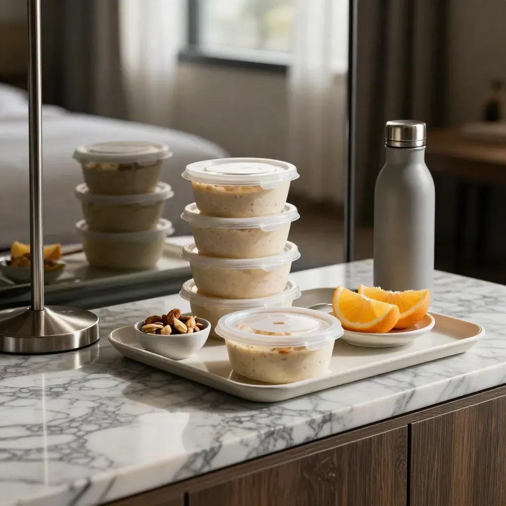 Hotel-room meal setup with sealed containers, citrus, nuts and an insulated bottle on marble.