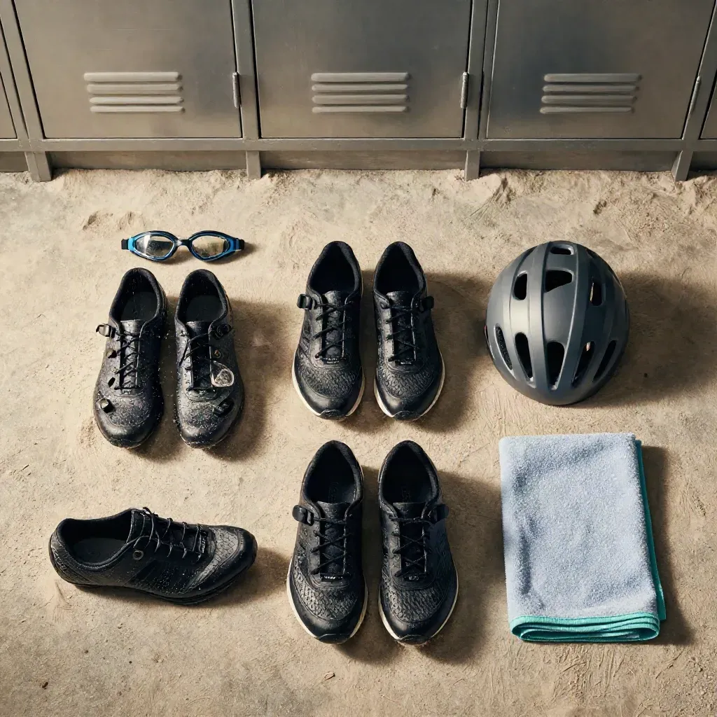 Triathlon gear laid out before race day on sand-toned concrete with goggles, shoes, helmet and towel.