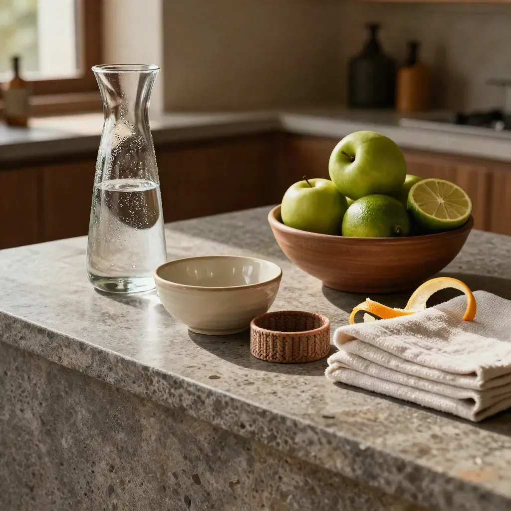 Office wellness station with fruit, water, bowls and recovery bands on a stone counter.