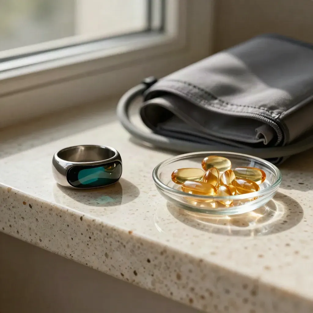 Sleep tracker ring, blood-pressure cuff hose and capsules on travertine, lit from upper left.