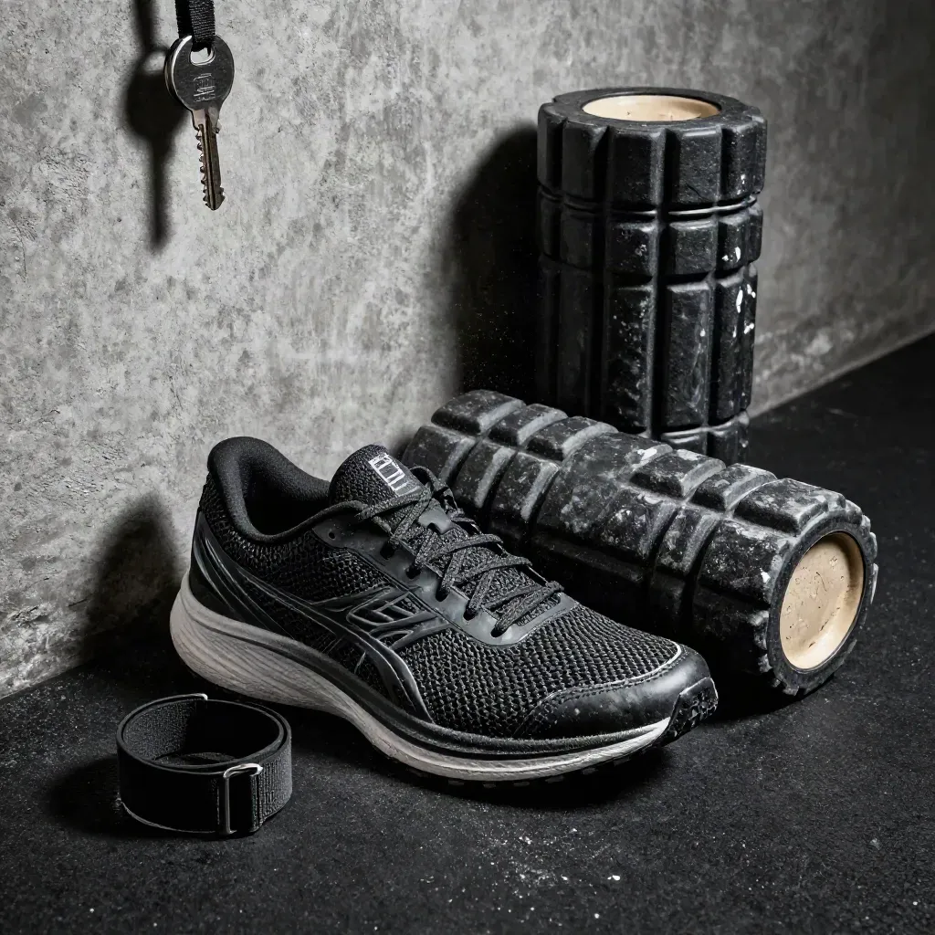 Carbon running shoe, heart-rate strap, and worn foam roller on a dim gym floor.