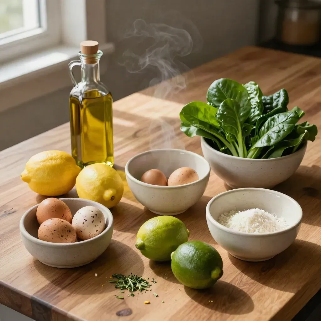 Top-down food editorial still life of citrus, eggs, greens, olive oil, and ceramic bowls on butcher block.