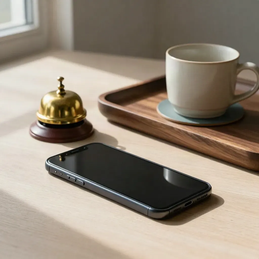 Face-down phone, brass bell and cream mug on a walnut tray, clean wellness call setup.