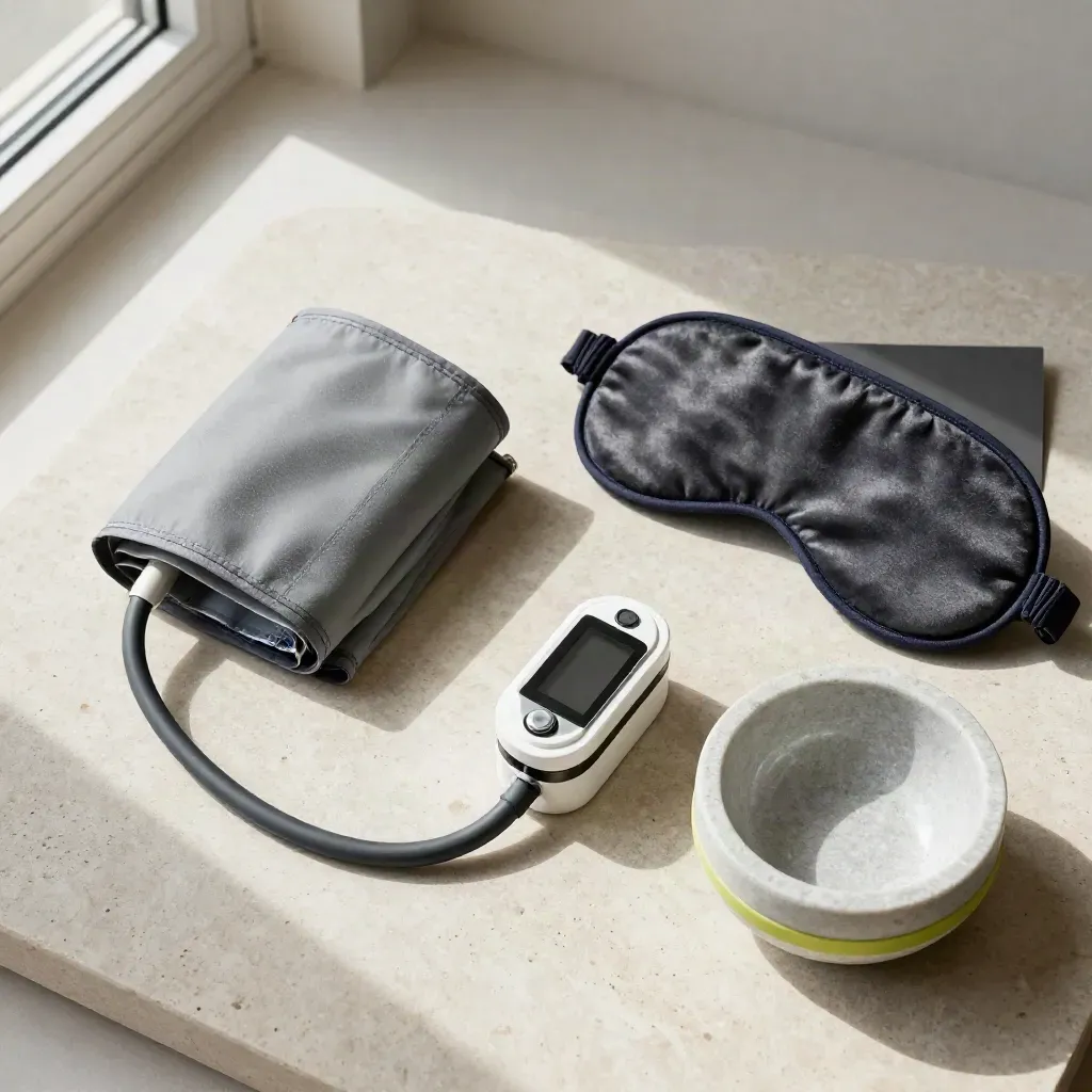 Overhead still life of blood-pressure cuff, pulse oximeter, sleep mask, and stone bowl.