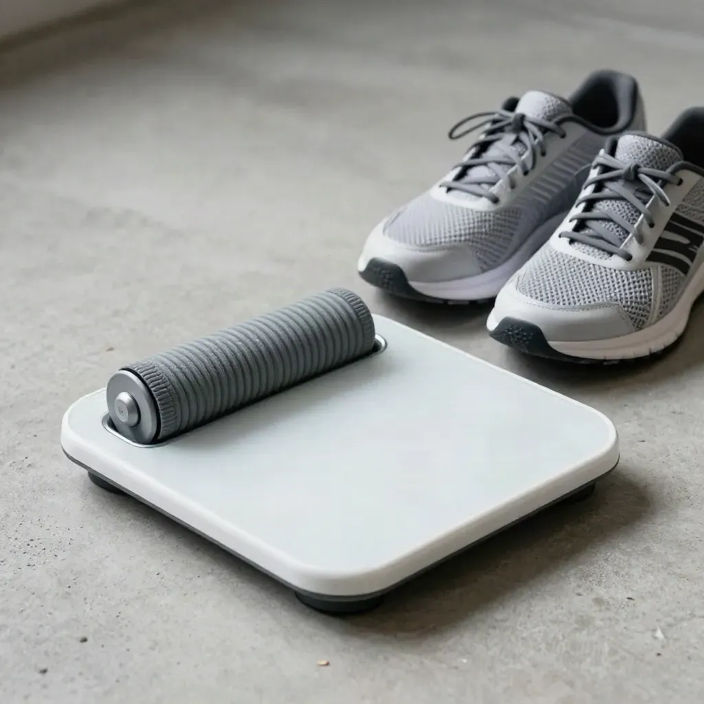 Face-down scale, recovery roller and paired training shoes on pale concrete, lit from the side.