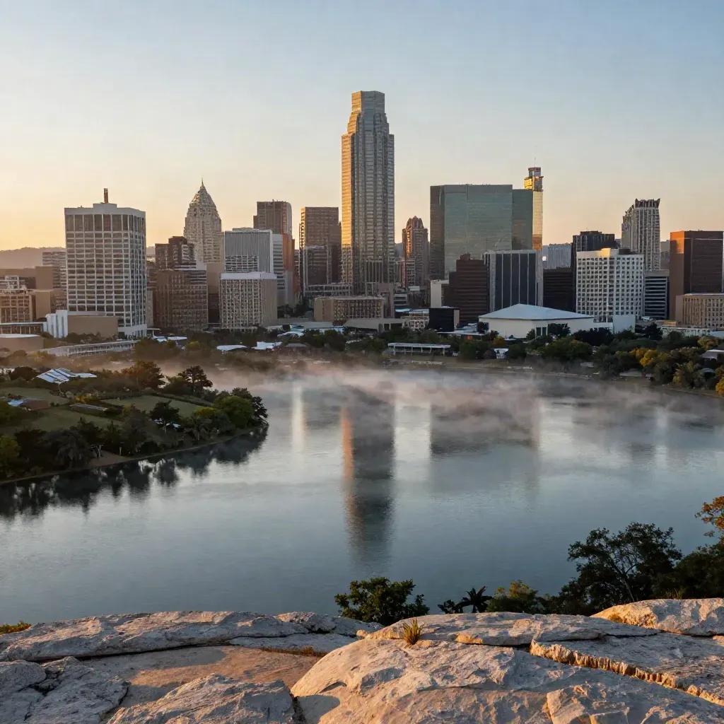 Austin skyline over Lady Bird Lake in sunrise haze with low fog and limestone hills