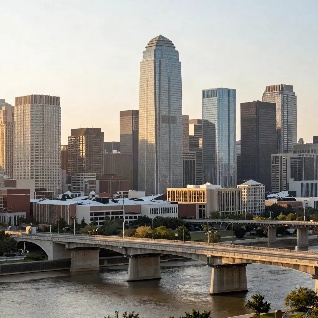 Dallas skyline with Reunion Tower above a concrete bridge in hazy late-afternoon light
