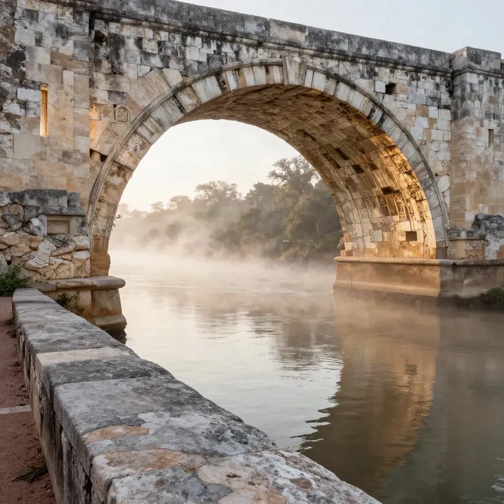 Limestone arches over a misty San Antonio river bend at dawn, with calm copy space below.