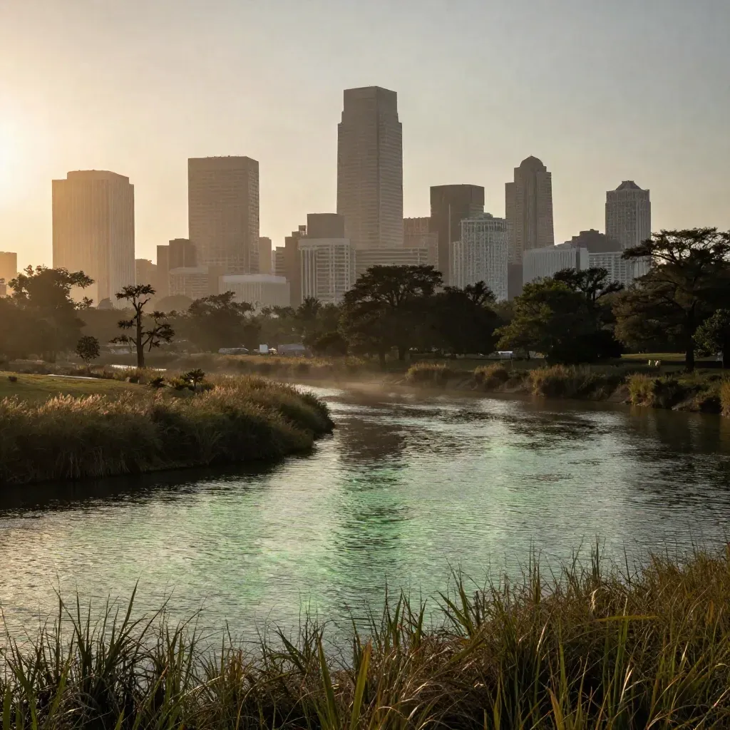Houston skyline above Buffalo Bayou at sunset with cypress, haze, and reflective water